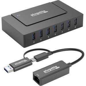 image25G Ethernet amp USB Expansion Bundle Plugable USBC to 25Gbps Ethernet Adapter  7Port USB Hub with 60W Power Adapter  USBCUSBA Fast LAN HighSpeed Data macOSWindowsLinux
